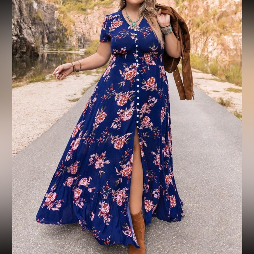 Plus Size Boho Cottagecare Floral Print Button Down Maxi Dress Navy Blue New